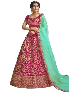 MANVAA Pink & Green Embroidered Thread Work Semi-Stitched Lehenga & Unstitched Blouse With Dupatta