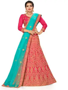MANVAA Pink & Blue Embroidered Thread Work Semi-Stitched Lehenga & Unstitched Blouse With Dupatta