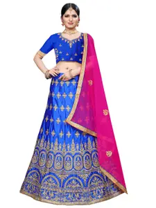 MANVAA Blue & Pink Embroidered Beads and Stones Semi-Stitched Lehenga & Unstitched Blouse With Dupatta
