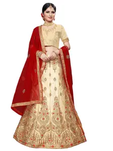 MANVAA Cream-Coloured & Red Embroidered Beads and Stones Semi-Stitched Lehenga & Unstitched Blouse With