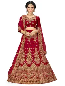 MANVAA Red & Gold-Toned Embroidered Thread Work Semi-Stitched Lehenga & Unstitched Blouse With Dupatta