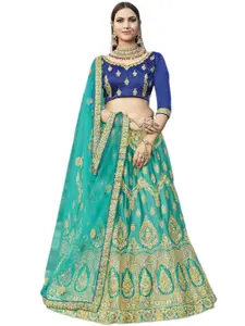 MANVAA Sea Green & Blue Embroidered Thread Work Semi-Stitched Lehenga & Unstitched Blouse With Dupatta