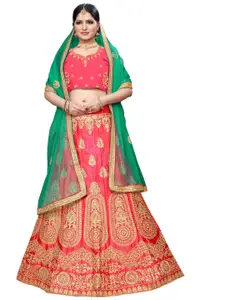 MANVAA Pink & Green Embroidered Beads and Stones Semi-Stitched Lehenga & Unstitched Blouse With Dupatta