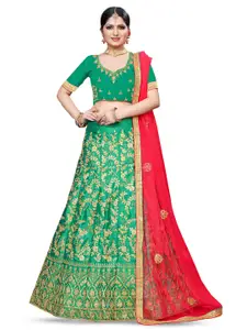 MANVAA Green & Red Embroidered Beads and Stones Semi-Stitched Lehenga & Unstitched Blouse With Dupatta