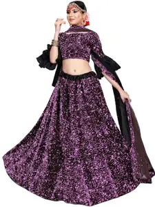 MANVAA Black & Purple Embellished Sequinned Semi-Stitched Lehenga & Unstitched Blouse With Dupatta