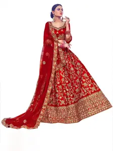 MANVAA Red & Gold-Toned Embroidered Thread Work Semi-Stitched Lehenga & Unstitched Blouse With Dupatta
