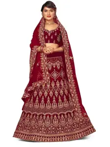 MANVAA Maroon & Gold-Toned Embroidered Thread Work Semi-Stitched Lehenga & Unstitched Blouse With Dupatta