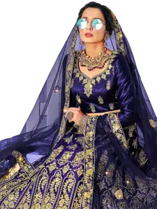 MANVAA Blue & Gold-Toned Embroidered Thread Work Semi-Stitched Lehenga & Unstitched Blouse With Dupatta