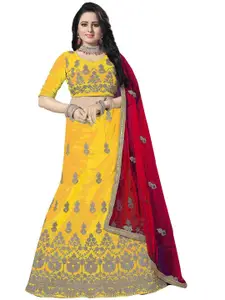MANVAA Yellow & Pink Embroidered Thread Work Semi-Stitched Lehenga & Unstitched Blouse With Dupatta