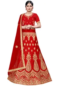 MANVAA Red & Gold-Toned Embroidered Beads and Stones Semi-Stitched Lehenga & Unstitched Blouse With Dupatta