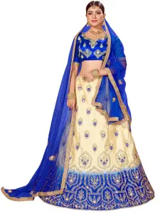 MANVAA Beige & Blue Embroidered Thread Work Semi-Stitched Lehenga & Unstitched Blouse With Dupatta