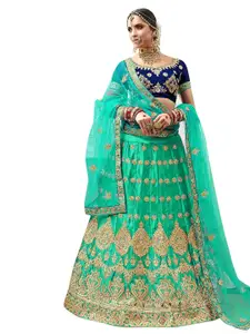 MANVAA Sea Green & Gold-Toned Embroidered Thread Work Semi-Stitched Lehenga & Unstitched Blouse With Dupatta