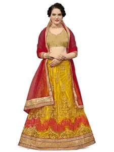 MANVAA Yellow & Red Embroidered Thread Work Semi-Stitched Lehenga & Unstitched Blouse With Dupatta