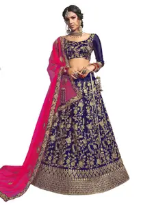 MANVAA Blue & Pink Embroidered Thread Work Semi-Stitched Lehenga & Unstitched Blouse With Dupatta