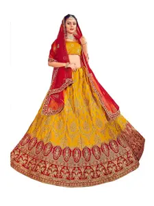 MANVAA Mustard & Pink Embroidered Beads and Stones Semi-Stitched Lehenga & Unstitched Blouse With Dupatta
