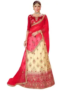 MANVAA Beige & Pink Embroidered Thread Work Semi-Stitched Lehenga & Unstitched Blouse With Dupatta