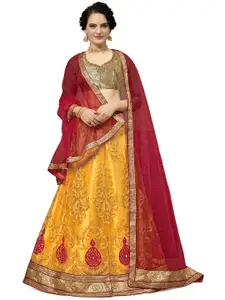 MANVAA Yellow & Red Embroidered Thread Work Semi-Stitched Lehenga & Unstitched Blouse With Dupatta