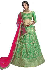 MANVAA Green & Pink Embroidered Thread Work Semi-Stitched Lehenga & Unstitched Blouse With Dupatta