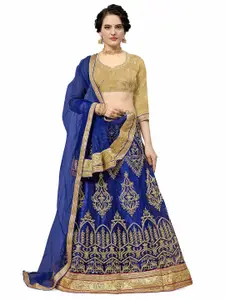 MANVAA Blue & Gold-Toned Embroidered Thread Work Semi-Stitched Lehenga & Unstitched Blouse With Dupatta