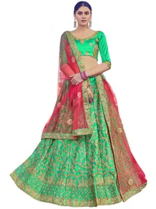 MANVAA Green & Pink Embroidered Thread Work Semi-Stitched Lehenga & Unstitched Blouse With Dupatta