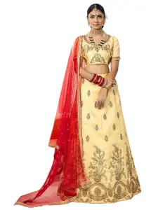 MANVAA Beige & Red Embroidered Thread Work Semi-Stitched Lehenga & Unstitched Blouse With Dupatta