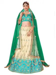 MANVAA Beige & Green Embroidered Thread Work Semi-Stitched Lehenga & Unstitched Blouse With Dupatta