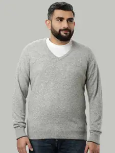 Indian Terrain Men Grey V Neck Long Sleeves Woolen Regular Sweater