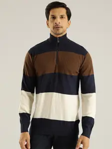Indian Terrain Colourblocked Half Zipper Mock Collar Woollen Pullover