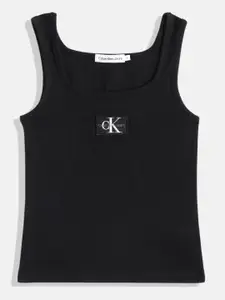 Calvin Klein Jeans Girls Ribbed Square Neck Brand Logo Applique Knitted Top