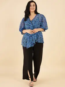 Antheaa Curve Printed V-Neck Top With Trouser Co-Ords
