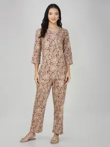 SPARSA Floral Printed Pure Cotton Notch Neck Top With Trousers Co-Ords