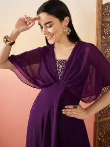 Sangria Women Floral Zari and Sequinned Embroidered Fit and Flare Dress