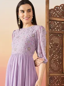 Sangria Women Floral Thread and Sequinned Embroidered Midi Dress