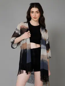 PURYS Abstract Printed Tasselled Shrug