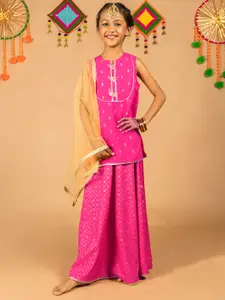 KASYA Girls Pink & Gold-Toned Printed Thread Work Ready to Wear Lehenga & Blouse With Dupatta