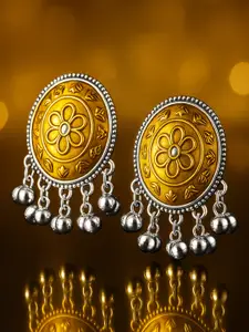 Rubans Silver-Plated Oxidised Yellow Enamel Floral Stud Earrings with Ghungroo Beads