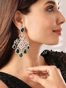 Rubans Premium Rhodium Plated AAA Cubic Zirconia Emerald Studded Chandelier Earrings