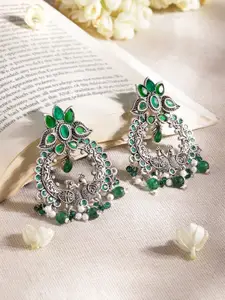 Rubans Oxidised Silver-Plated Emerald Green Stone & Pearl Beaded Chandbali Earrings