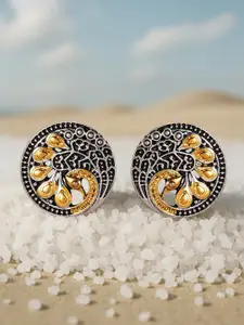 Rubans Oxidised Silver Plated Dual Tone Gold & Silver Peacock Design Circular Stud Earrings