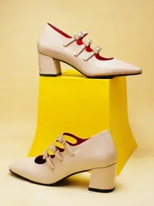 THE WHITE POLE Pointed Toe Buckles Detail Block Heeled Mary Janes