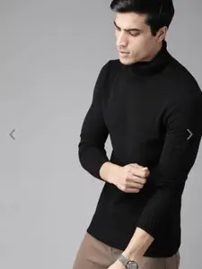 The Roadster Lifestyle Co. Black Cable Knit Self Design Turtle Neck Acrylic Sweater