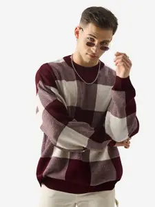The Souled Store Burgundy Checked Pullover Acrylic Sweatshirt