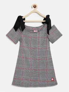 TALES & STORIES Girls Grey & Black Checked Cold-Shoulder Sleeves Cotton A-Line Dress