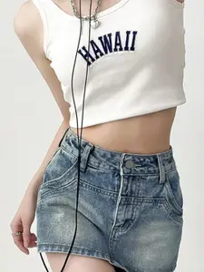 StyleCast Women Blue Washed High-Rise Cotton Denim Shorts