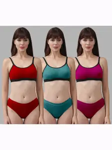 AROUSY Pack Of 3 Cotton Mid-Rise Briefs & Non Padded Bra