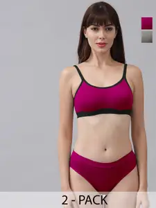 PIBU Pack Of 2 Non Padded Cotton Bra With Bikini Brief