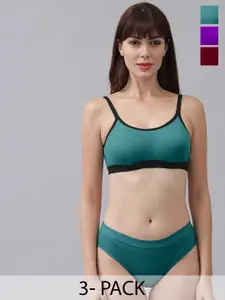 PIBU Pack Of 3 Non Padded Cotton Bra With Bikini Brief