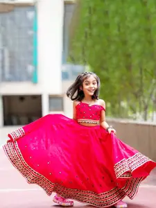 BAESD Girls Embroidered Mirror Work Ready to Wear Lehenga & Blouse
