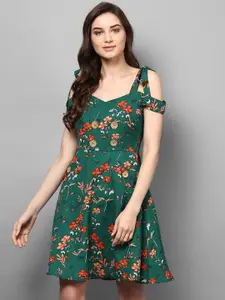STREET 9 Women Green Printed Cold Shoulder Fit and Flare Dress