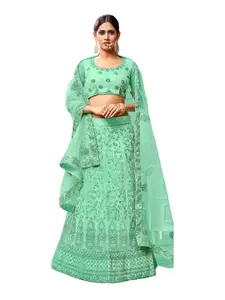 MANVAA Sea Green Embroidered Thread Work Semi-Stitched Lehenga & Unstitched Blouse With Dupatta